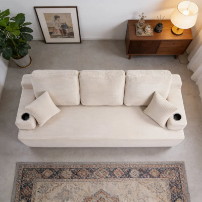 87" Corduroy Sofa – Compression-Packed Cushions, Cup Holders, Storage Pockets