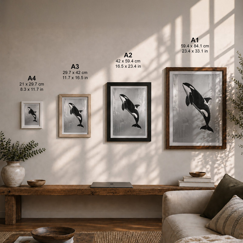 Leaping Orca Coastal - Framed Print, Oak, A3 - 42.0 x 29.7 cm