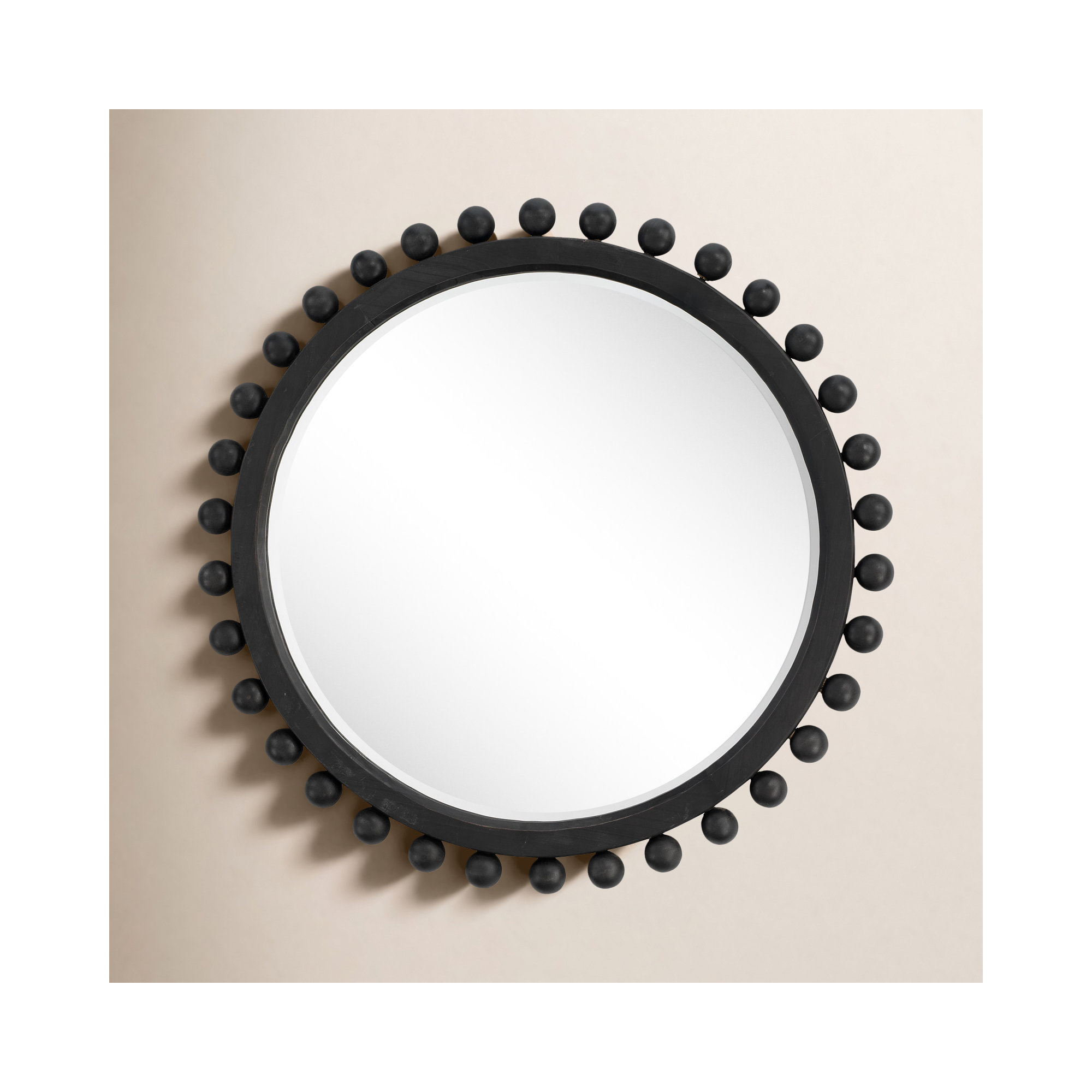 Augustine Wood Round Wall Mirror, Dark Charcoal Stained Wood