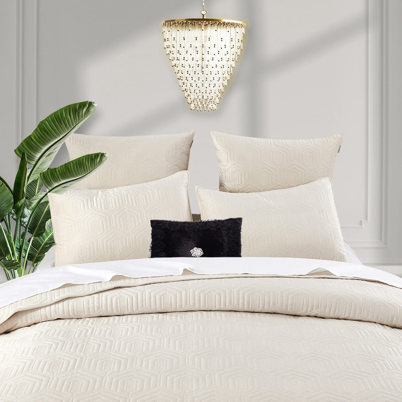 3 Pieces Velvet Quilt Set - Quilted Bedspread Coverlet Geometric Bedding Modern Contemporary, All Seasons , Ivory