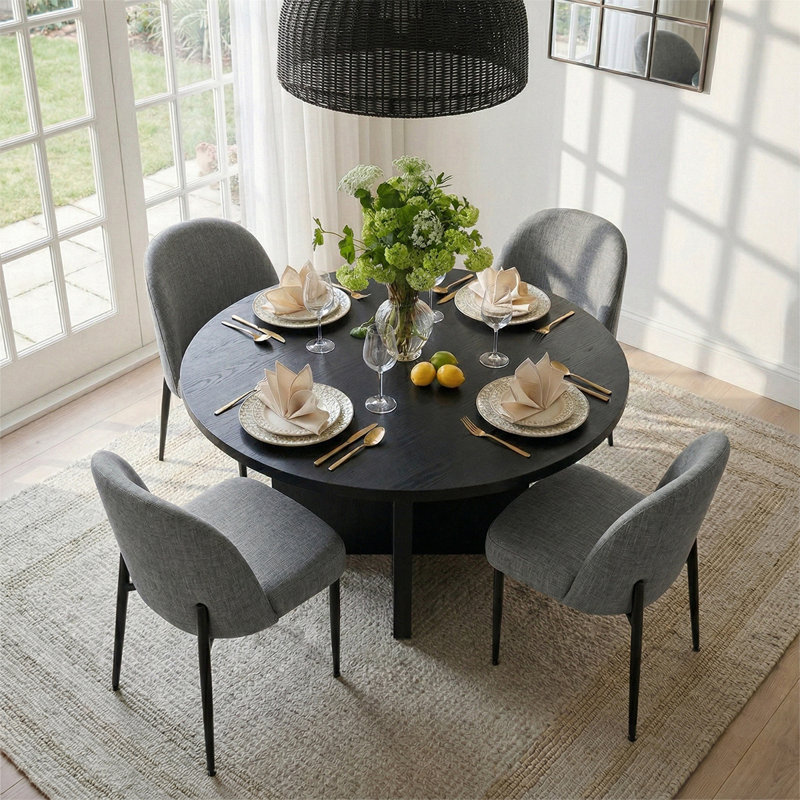 Ensemble de salle à manger rond noir moderne avec 4 chaises rembourrées, Ensemble de cinq pièces : table, quatre chaises