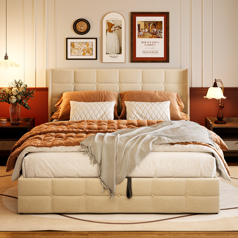 Minos 42” Upholstered Platform Bed Frame with Headboard, Lift Storage, Hydraulic Design, Beige, Queen