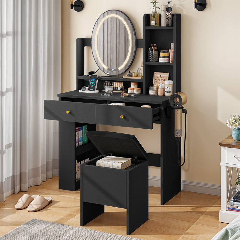  Ensemble de coiffeuse 55 po avec tabouret et miroir à DEL H 55 po, Noir