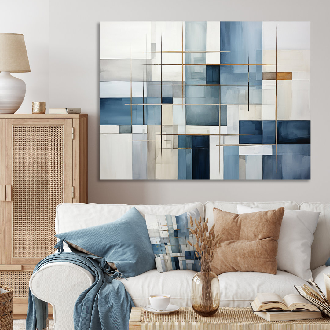 Blue Grey Line Art Abstract Geometrics I - Line Art Canvas Art Ivy Bronx