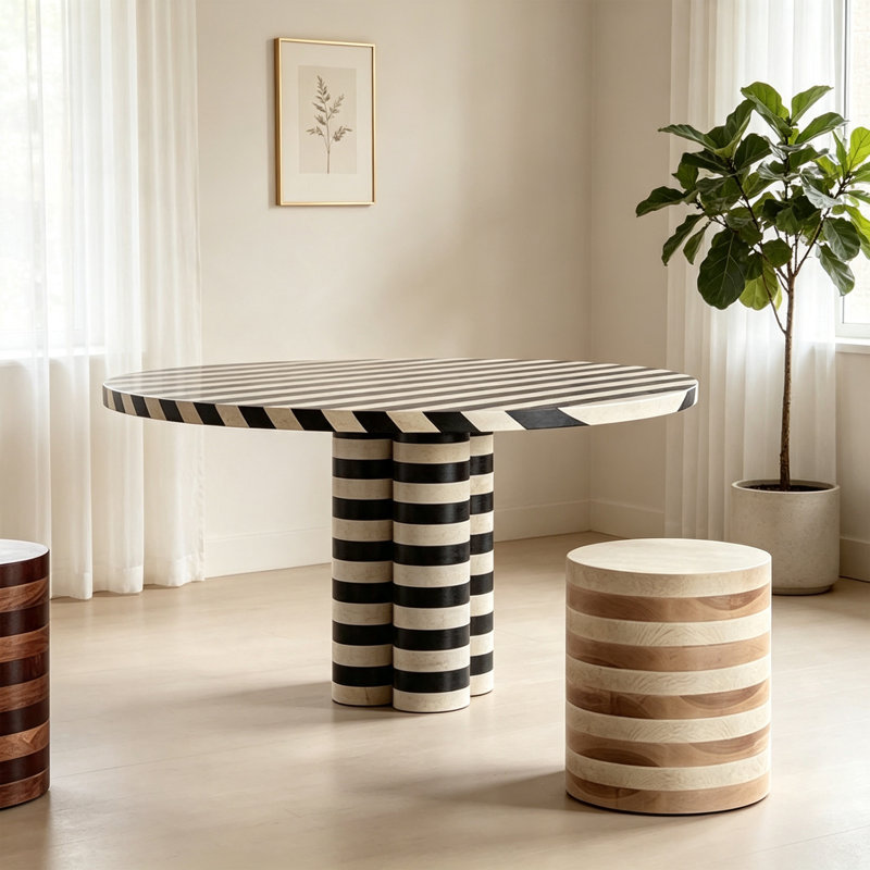 Tables de salle à manger simples à rayures en bois massif, H 29,92 po x l 53,14 po x P 53,14 po