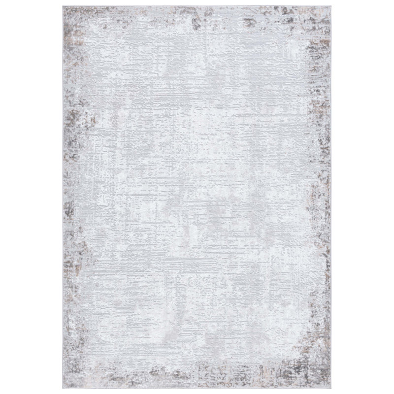 Tapis gris / ivoire en polyester tissé à la machine Servier, Rectangle 5 pi 3 po x 7 pi 6 po