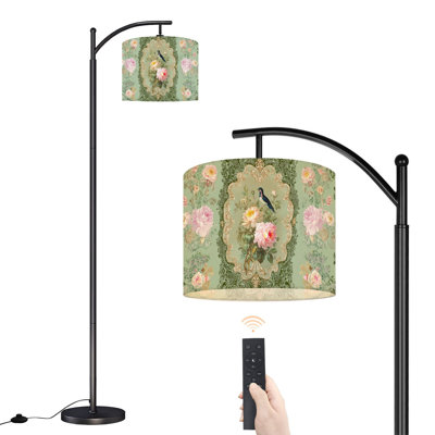 Arc Floor Lamp Vintage Victorian pastel floral wall Baroque wall Rococo painting Bird Floor Lamps with Remote LED Lights Adjustable Lamp Shades Tall Standing Lamps for Reading Office Living Room