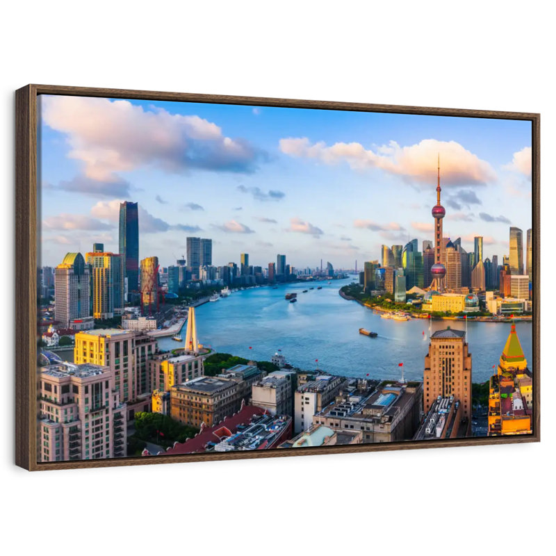 Horizon du coucher du soleil de Changhaï, Cadre flottant noyer, 40 po x 27 po