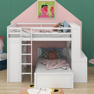Full Size Loft Bed With Stand-Alone Bed, Shelves,Desk,And Wardrobe