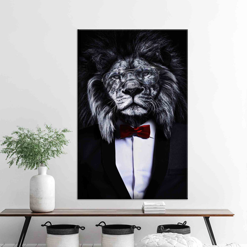 Lion in Bow Tie and Glasses Canvas Artwork Perfect for Modern Loft and Trendy Interior Design Themes, 39" H x 28" W