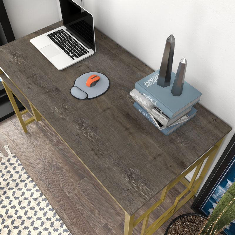 Marquala 120cm Wide Metal Frame Computer Desk, Dark Brown/Gold