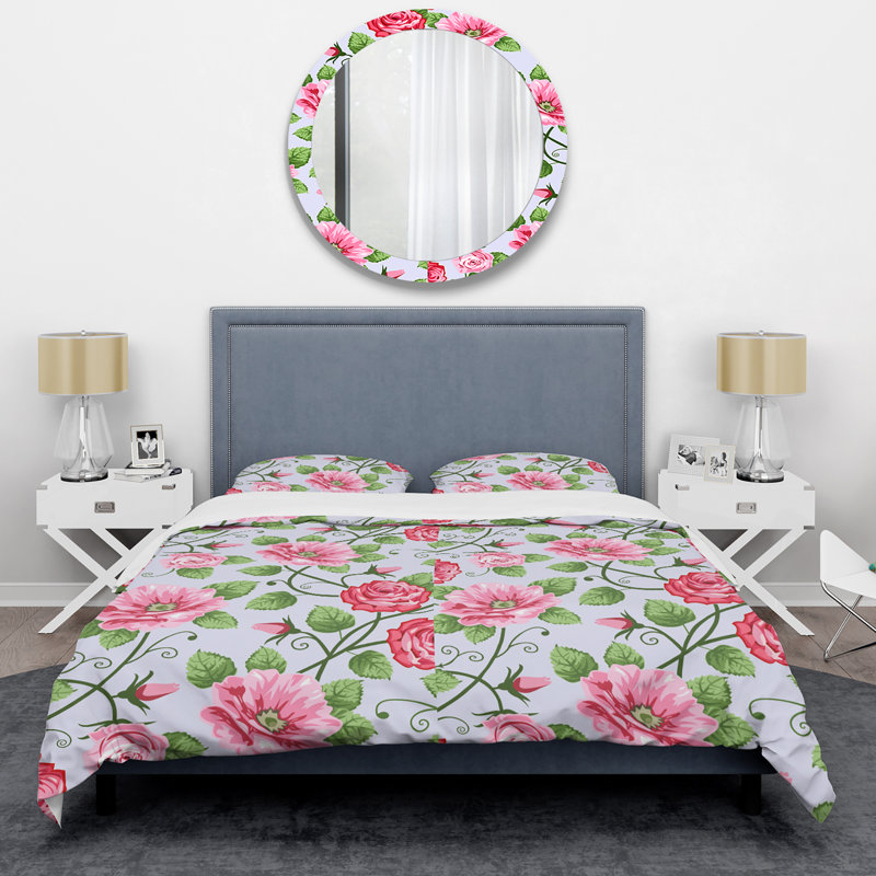 Fleurs roses et feuille verte - ensemble de housse de couette floral - microfibre de polyester