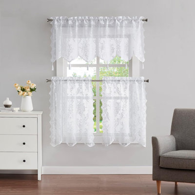 3 Piece Lace Kitchen Curtains And Valances Set, Includes 2 30" X 36" Kitchen Tiers & 54" X 22” Lace Valance With 6 Tassels