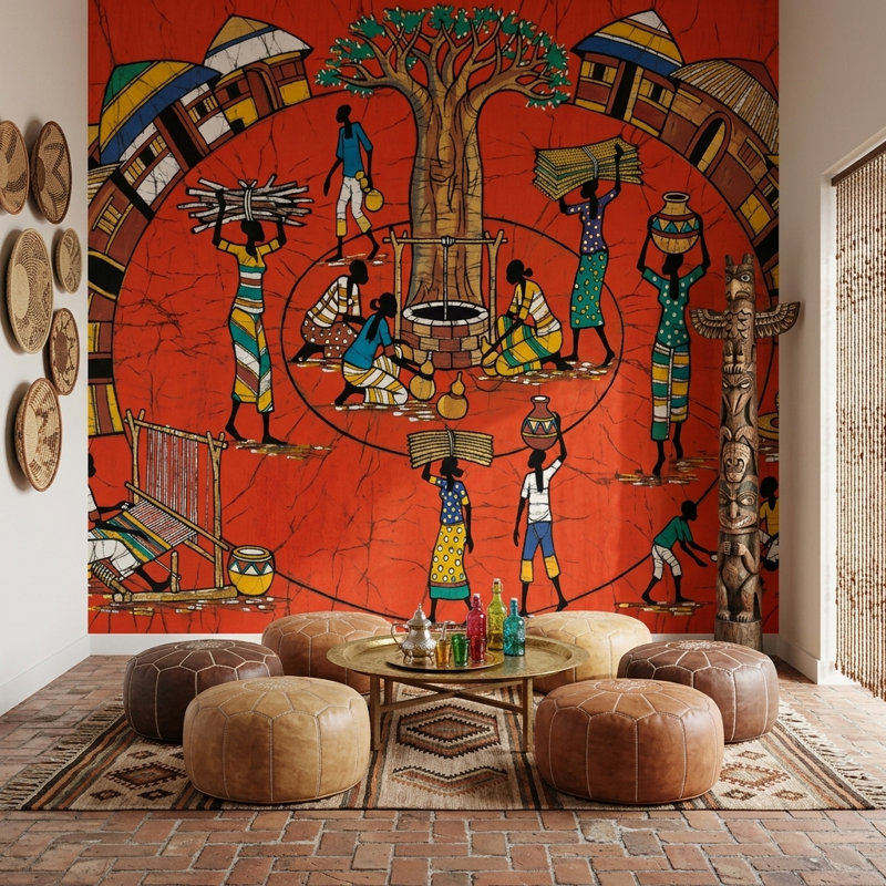 Papier peint village africain avec art populaire, 200 po x 120 po, Peler et coller