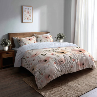 Girls Minimal Florals 3 Pcs Bedding Set - Serene Blush Fields Duvet Cover And Throw Cushion Set