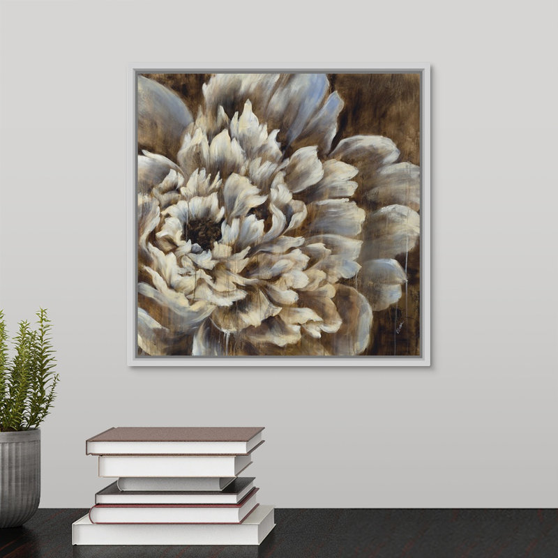 « open fleur ii », peinture sur toile, H 13,7 po x l 13,7 po x p 1,75 po, Cadre flottant blanc