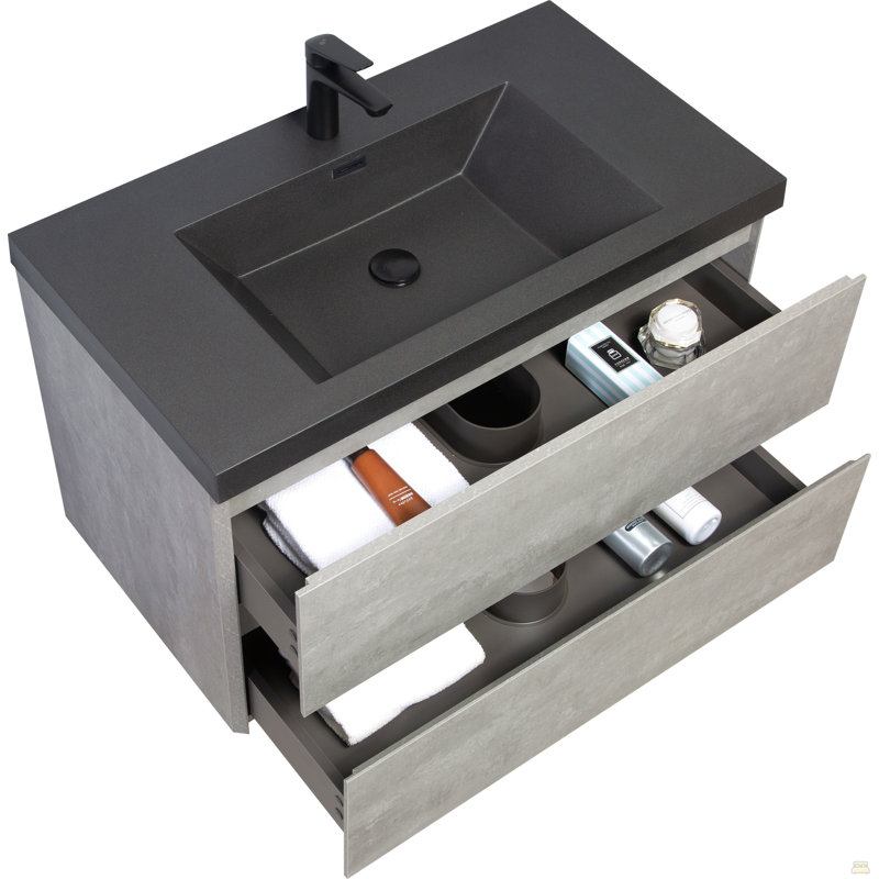 Meuble-lavabo flottant 36 po avec lavabo, meuble de rangement mural avec lavabo à quartz noir et tiroirs à fermeture en douceur entièrement assemblés