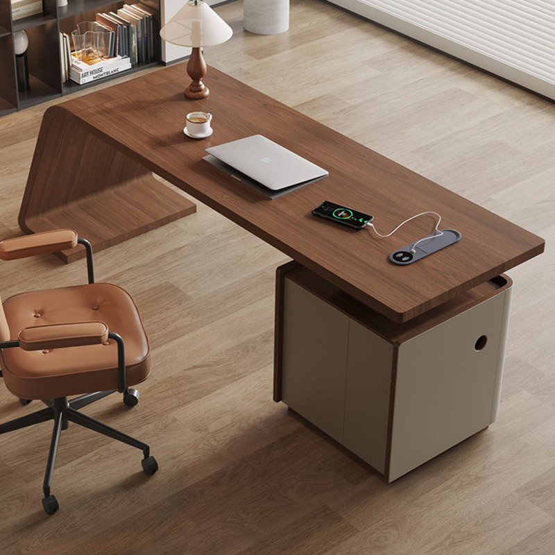 Bureau en bois manufacturé rectangulaire brun noisette + beige + acier au carbone avec 3 tiroirs, Retour à droite