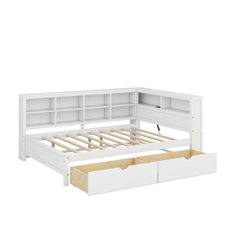 Lit de jour en bois avec tiroirs, tablette et port USB, Complet/Double, Blanc