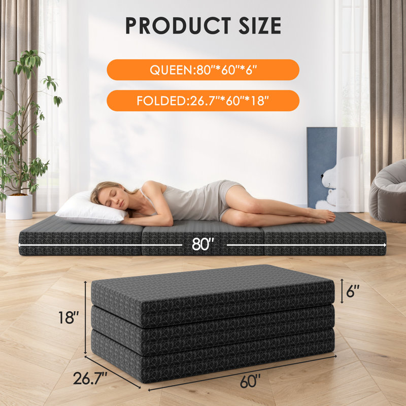 4'' Gel Memory Foam Mattress Queen Size, Portable Tri-Folding Mattress With Washable Cover, Black, 4", Queen