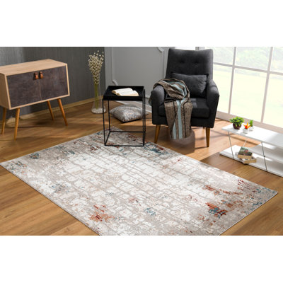 Veun Gray and Ivory Abstract Power Loom Area Rug