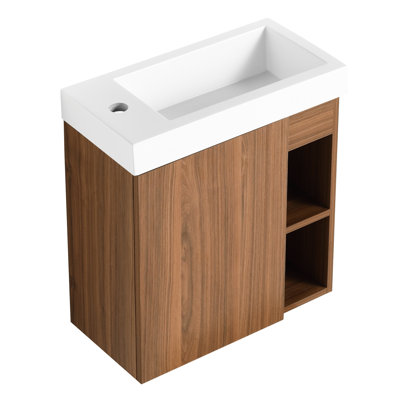Modern Bathroom Vanity Wall Mounted, 20'', Resin Sink, Door, Compact, Walnut Hue 20'' Vanity, Soft-Close Stylish, Space Saving, Hygienic, Tone