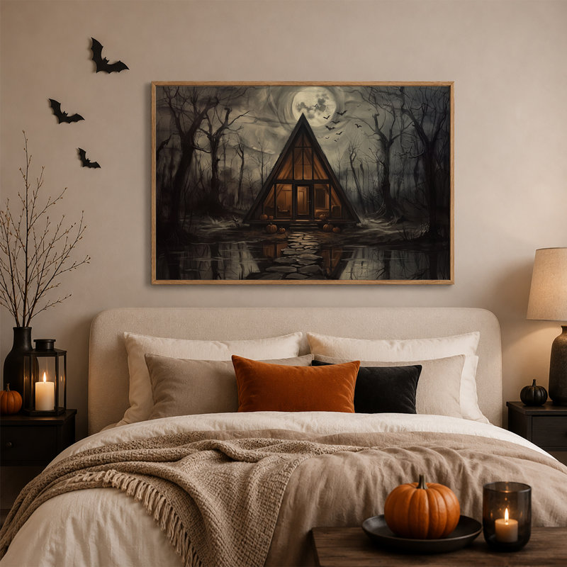 Toile encadrée en forme de A avec citrouilles et chauves-souris sous Halloween, H 32 po x l 48 po