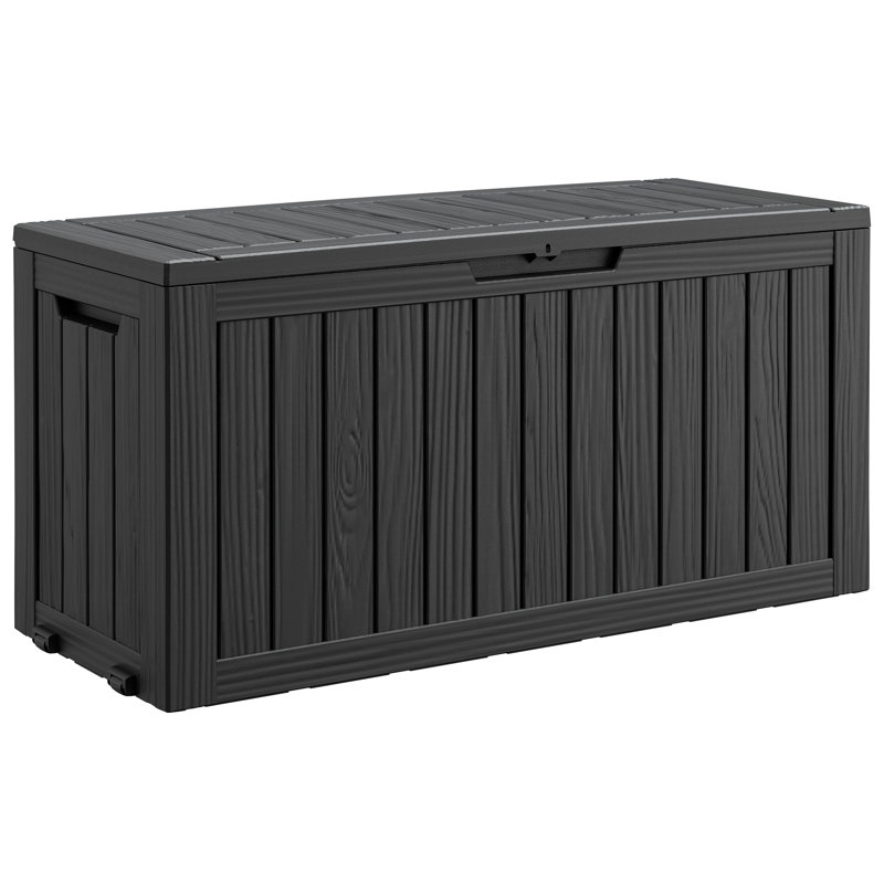 Boîte de rangement extérieure en résine avec couvercle à fermeture en douceur hydraulique - Grand coffre de terrasse verrouillable et imperméable avec roues et poignées