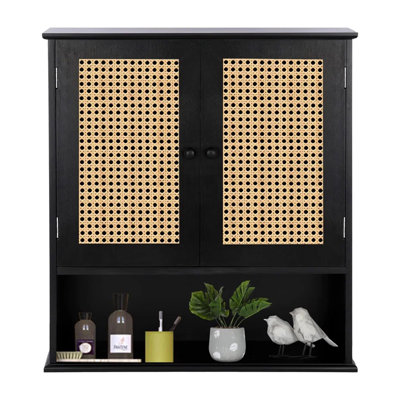 Armoire murale en rotin à deux portes, armoire à pharmacie en bois, armoire de rangement murale pour salle de bain avec tablette intérieure réglable, pour salle de bain, cuisine, entrée, noir et naturel