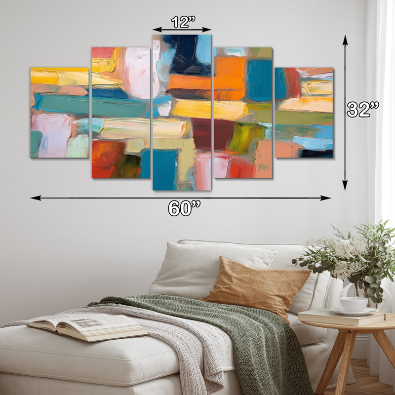 Vibrant Cubist Colourfields II - Abstract Collages Wall Art Living Room - 5 Panels
