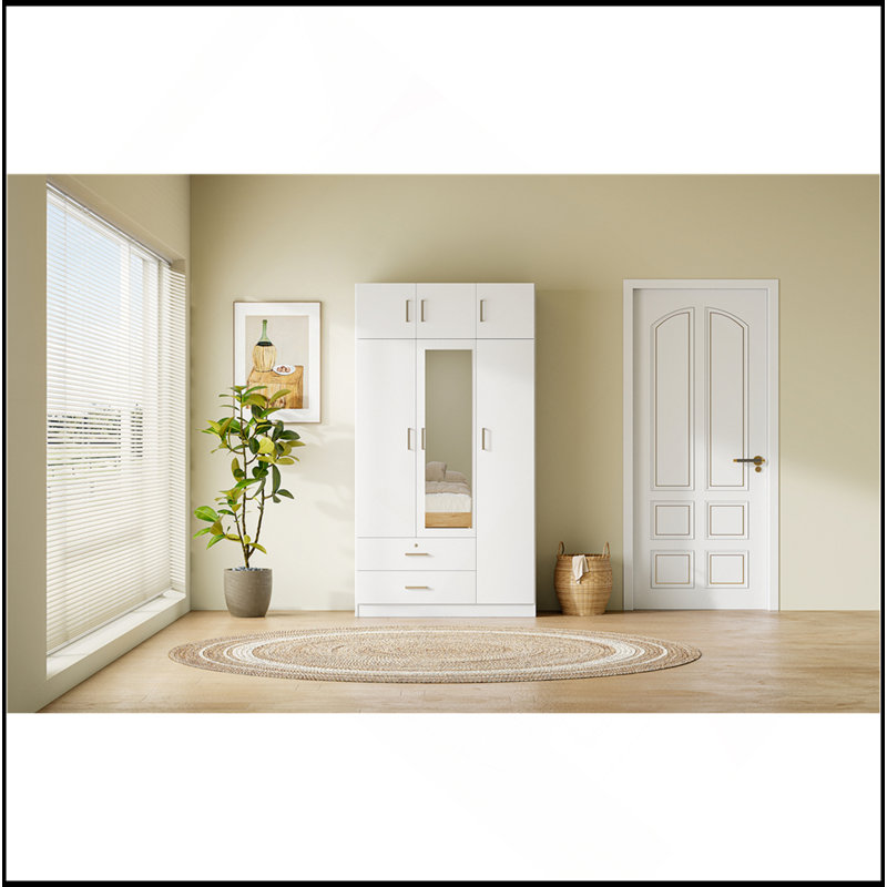 Armoire à miroir 3 portes avec 2 tiroirs et armoire supérieure, Blanc