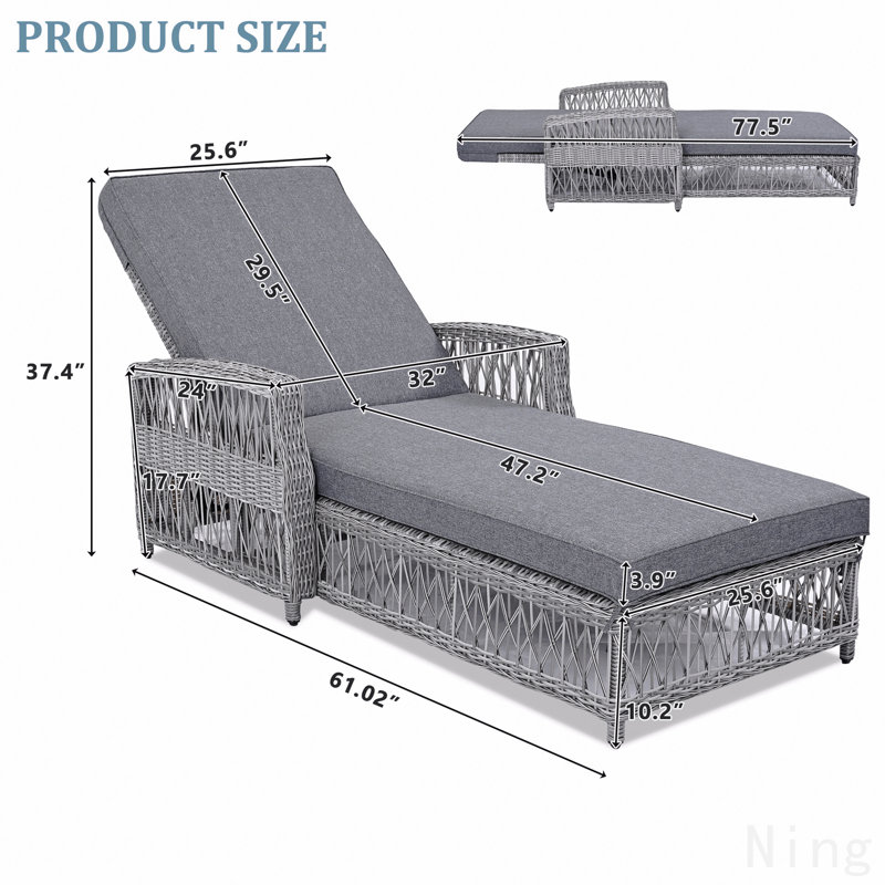 2 Pieces Long Reclining Chaise, Outdoor Wicker Lounge With Armrests, Patio Adjustable Recliner With Soft Removable Cushions, All Weather Rattan Pool Lounge For Poolside & Garden, Gray