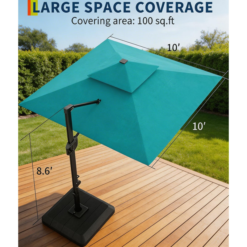 10x10Ft Square Solar LED Cantilever Umbrella , with Weighted Base, Teal
