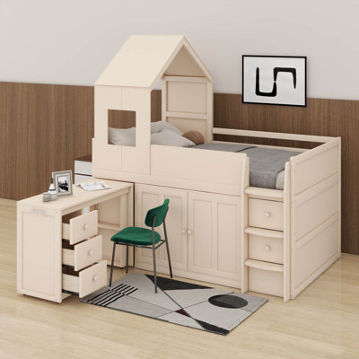 Lit mezzanine bas simple avec bureau et rangement, lit mezzanine en bois avec bureau portatif, tiroirs et armoires de rangement