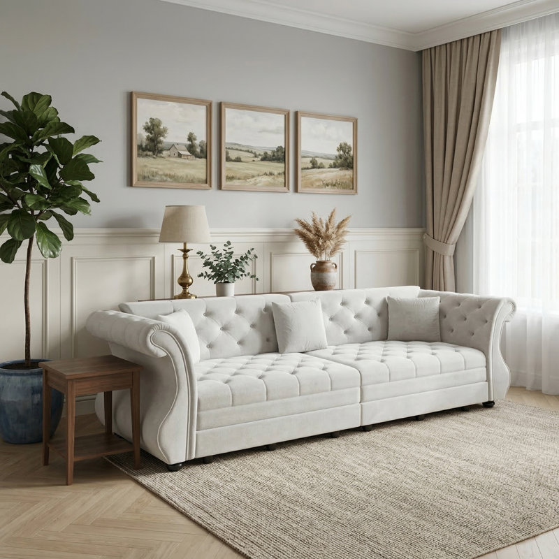 Canapé-lit 98 po très grand Chesterfield, H 34,6 po x l 98 po x P 33 po, Gris clair
