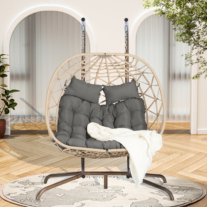 Fauteuil à œufs de patio suspendu: support en fer antirouille à double panier, tissé à la main, coussin confortable, extérieur