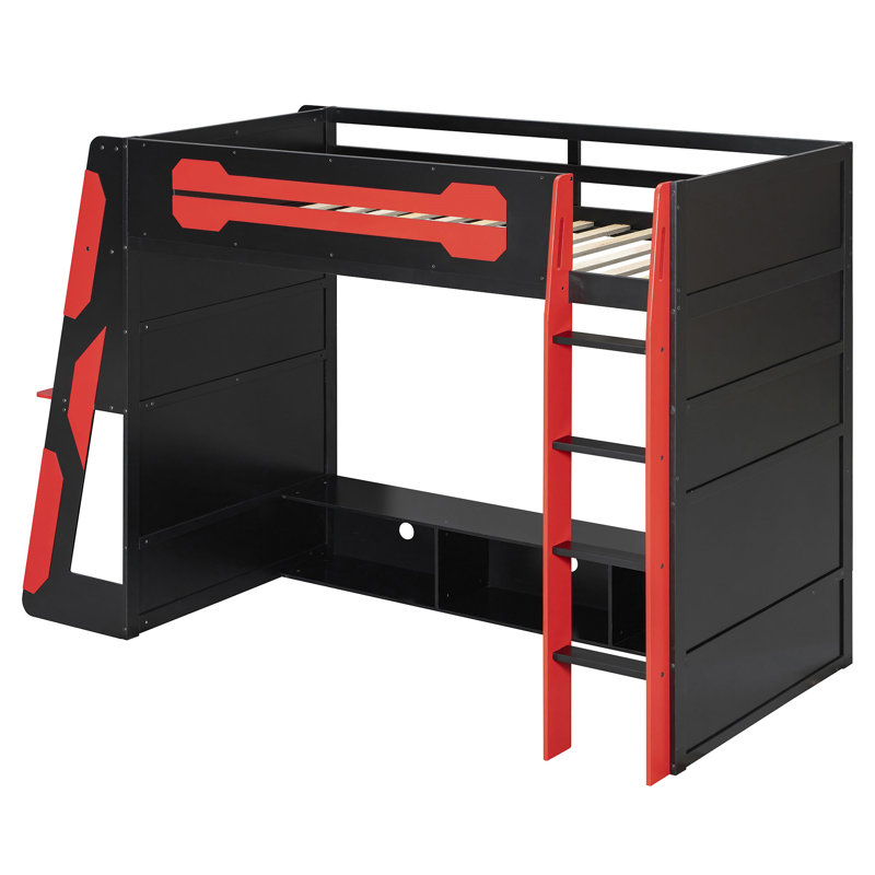 Lit mezzanine en bois avec bureau, Lit simple, Rouge