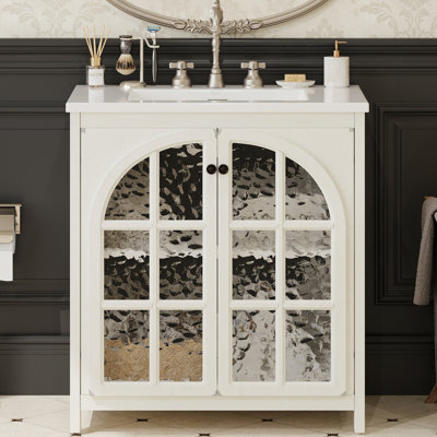 Meuble-lavabo vintage 31 po avec lavabo en céramique, poignées en bronze et finition blanc antique