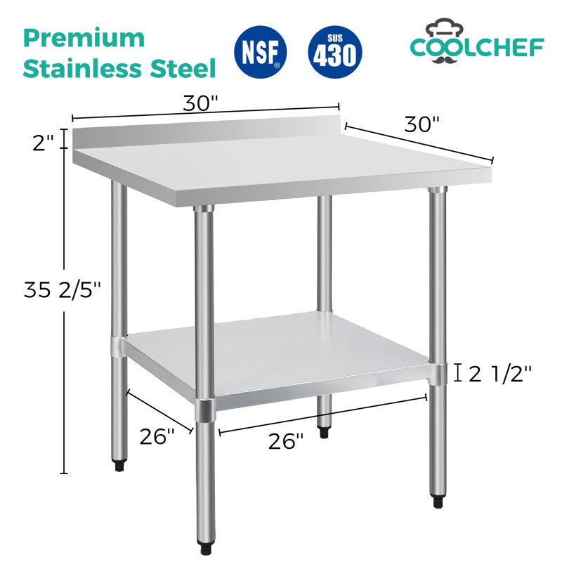 Table de travail commerciale en acier inoxydable, H 37,4 po x L 30 po x l 30 po