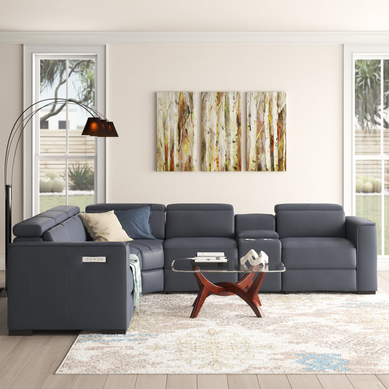 Graddy Upholstered Power Reclining Sectional Reversible, Blue/Gray Genuine Leather
