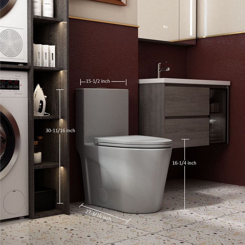 Toilette moderne une pièce, toilette allongée à double chasse 1,1 / 1,6 GPF, siège confortable à hauteur ADA, Gris