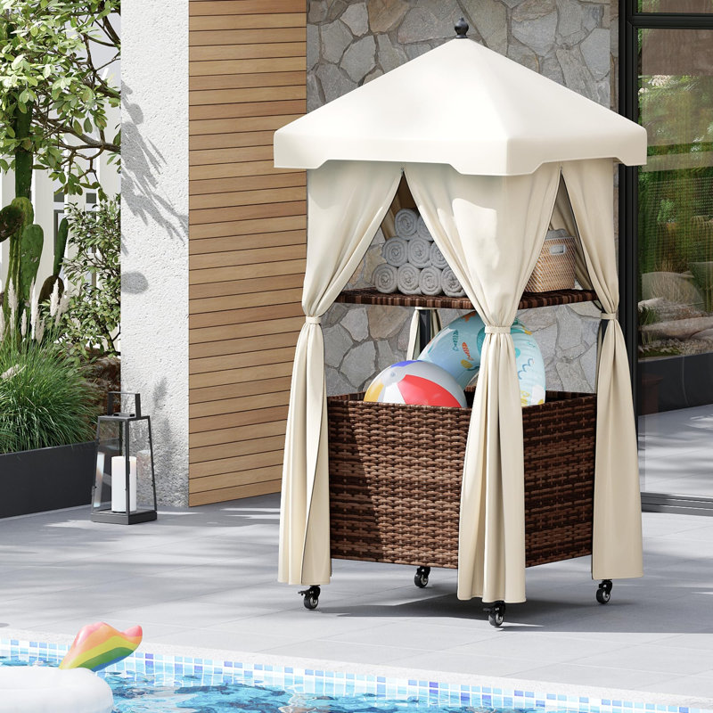 Armoire de rangement extérieure en osier avec auvent, rideaux et roulettes – Étagère roulante étanche pour terrasse, rangement de serviettes de piscine et de jouets – Brun