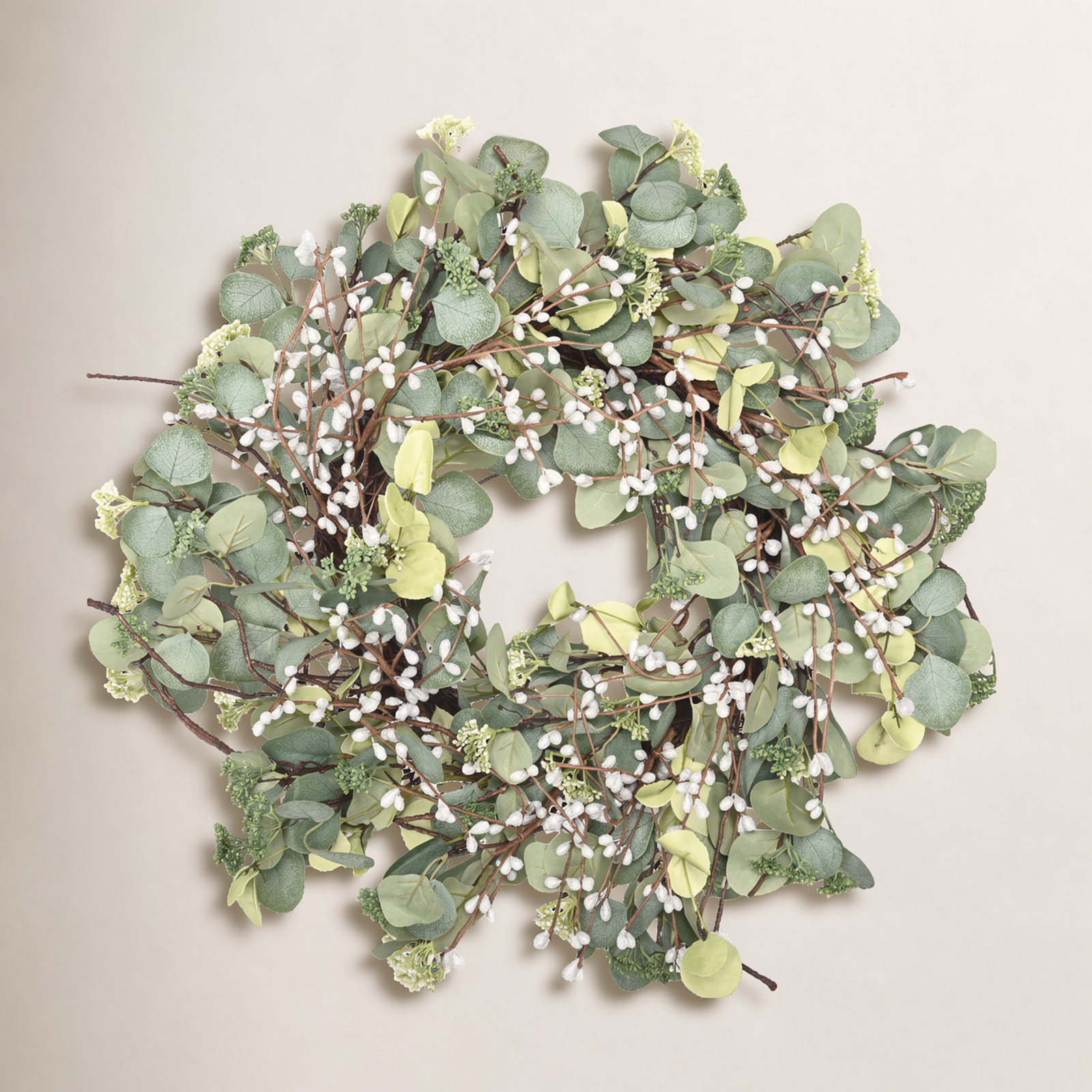 26" Handcrafted Berry, Eucalyptus Christmas Wreath, Green and White