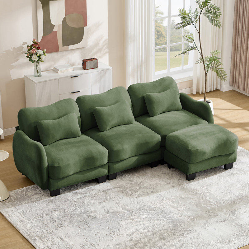 Canapé en L Chenille avec 1 repose-pieds mobile, canapé modulaire surdimensionné à 3 places avec 3 coussins de taille exquise, conception ergonomique, canapé modulaire facile à assembler pour le bureau du salon, vert