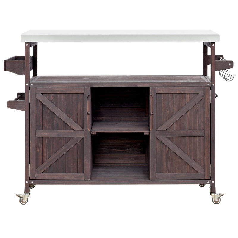 Farmhouse Outdoor Grill Cart, Rolling Bar Cart & Outdoor Kitchen Island, Solid Wood Grill Table W/ Stainless Steel Top, Spice Rack , Towel Rack
