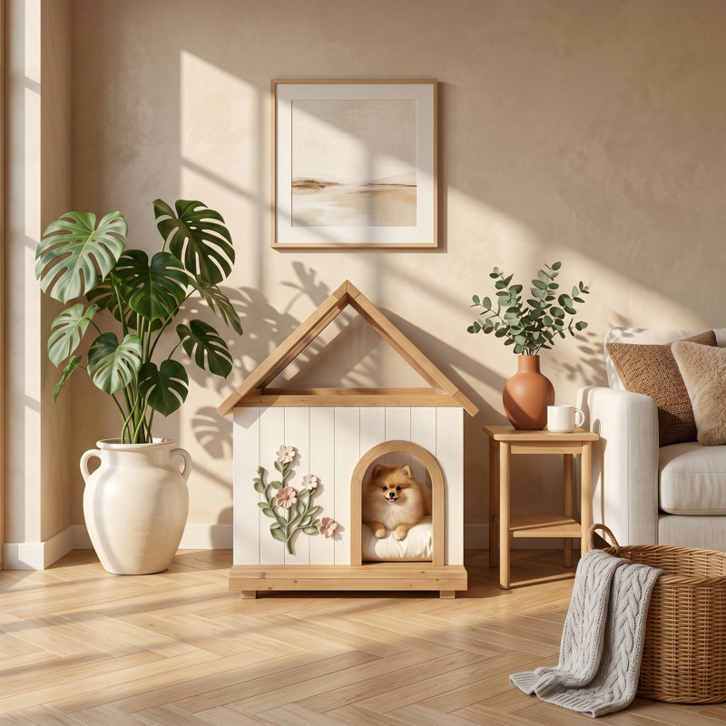Niche pour chien en bois de cèdre floral sculpté à la main avec coussin 