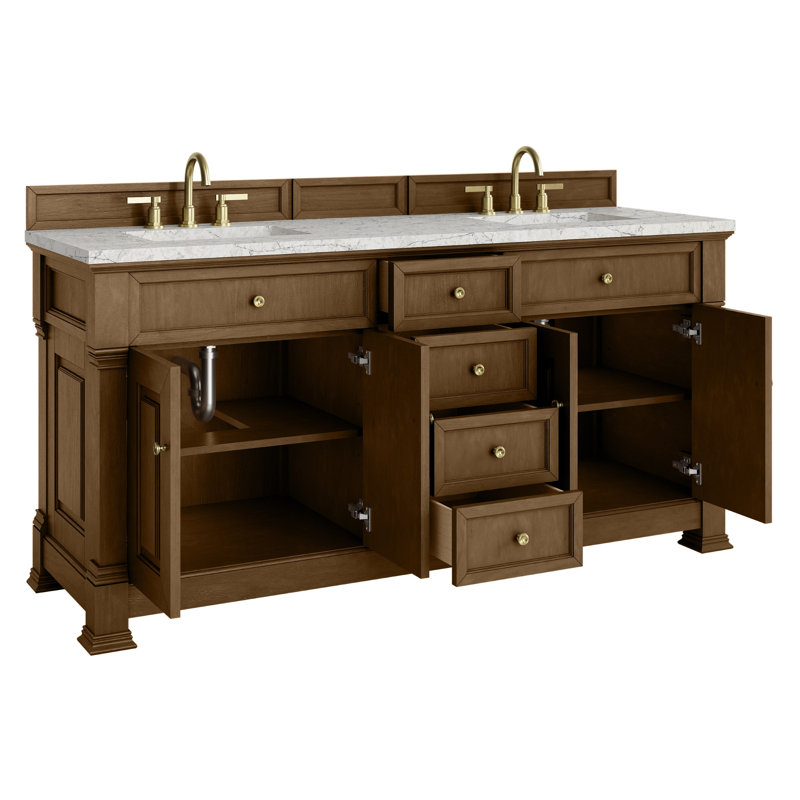 Brookfield 72'' W Double Vanity, Eternal Jasmine Pearl, Honey Oak