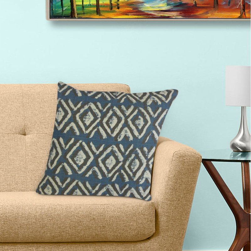 Oreiller Barbod Ikat, 24 po x 24 po, Coussin décoratif, Bleu / Crème