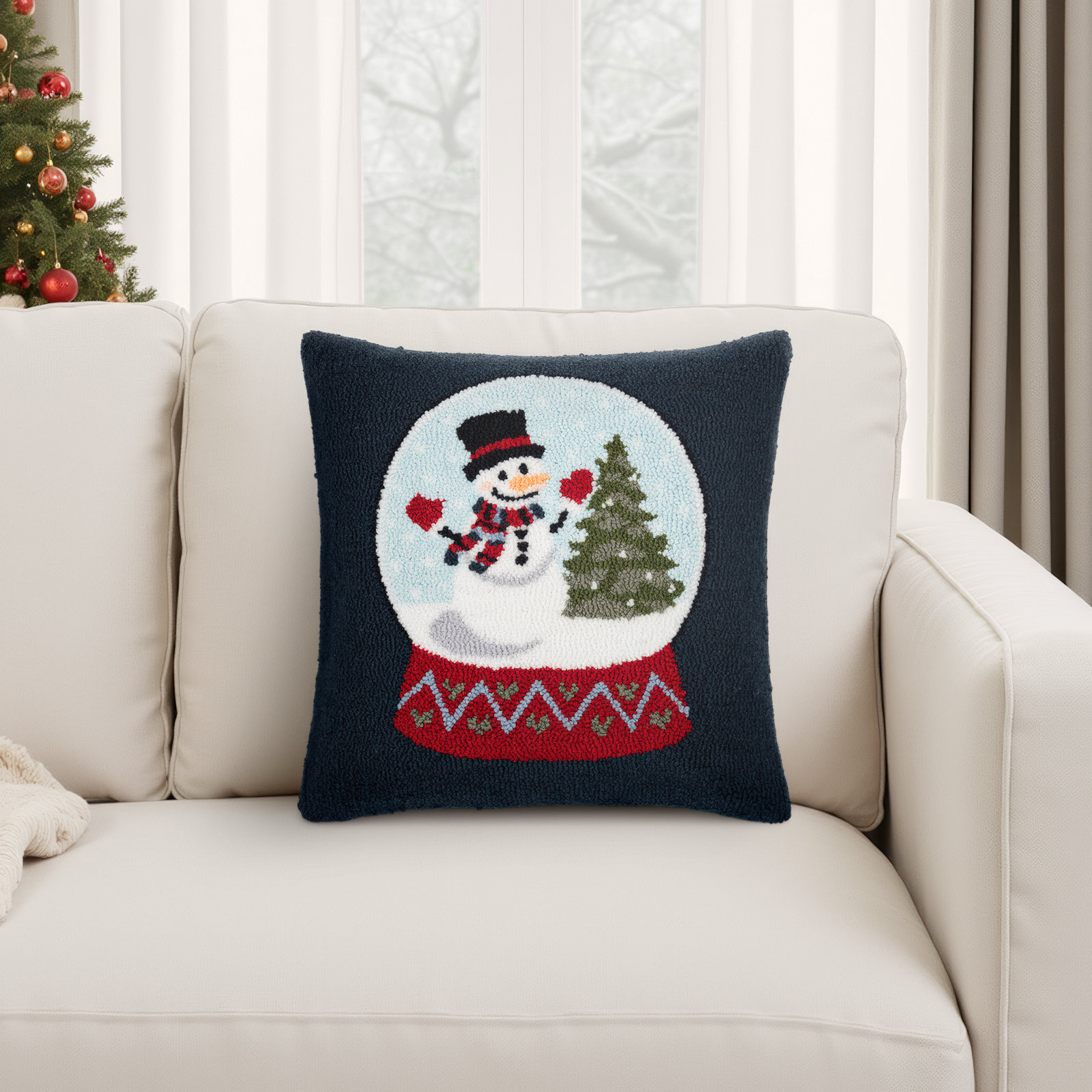 18" x 18" Christmas Throw Pillow, Snowman and Christmas Tree