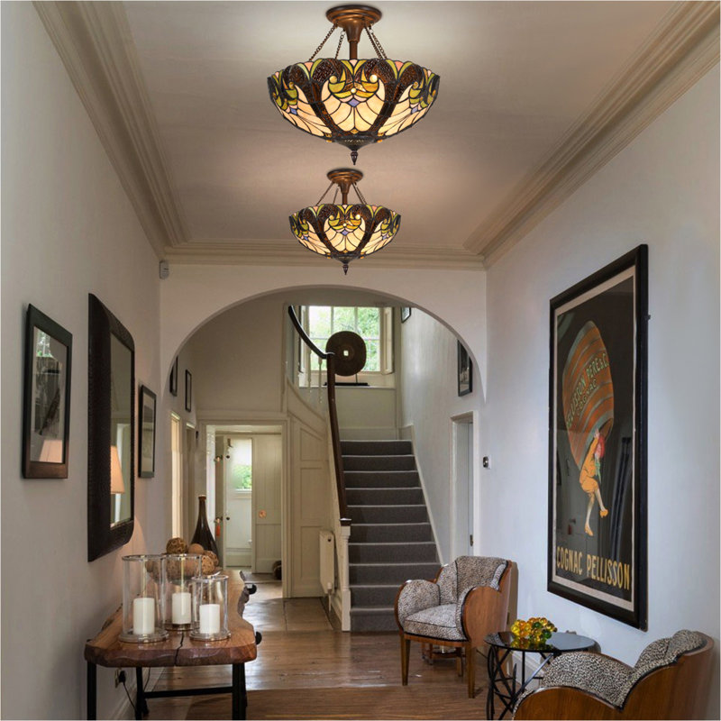 Tiffany Style Ceiling Light Fixtures 16” Wide Stained Glass Ceiling Lamp 2-Light Antique Victorian Style, Cream